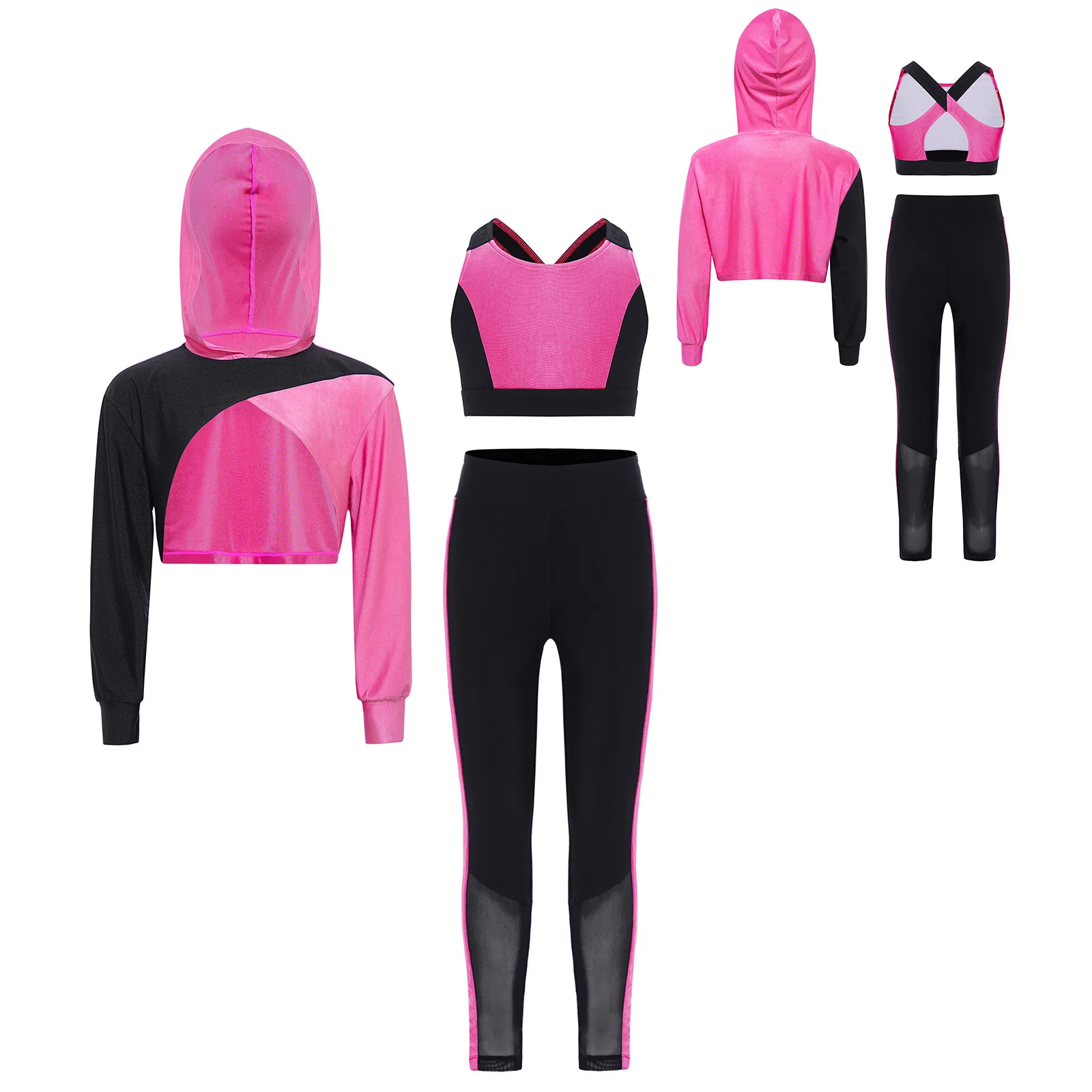 

4 Colors Girls Color Block Sports Outfit Yoga Workout Cycling Costumes Long Sleeve Asymmetrical Hem Cropped Hoodie+Vest+Leggings
