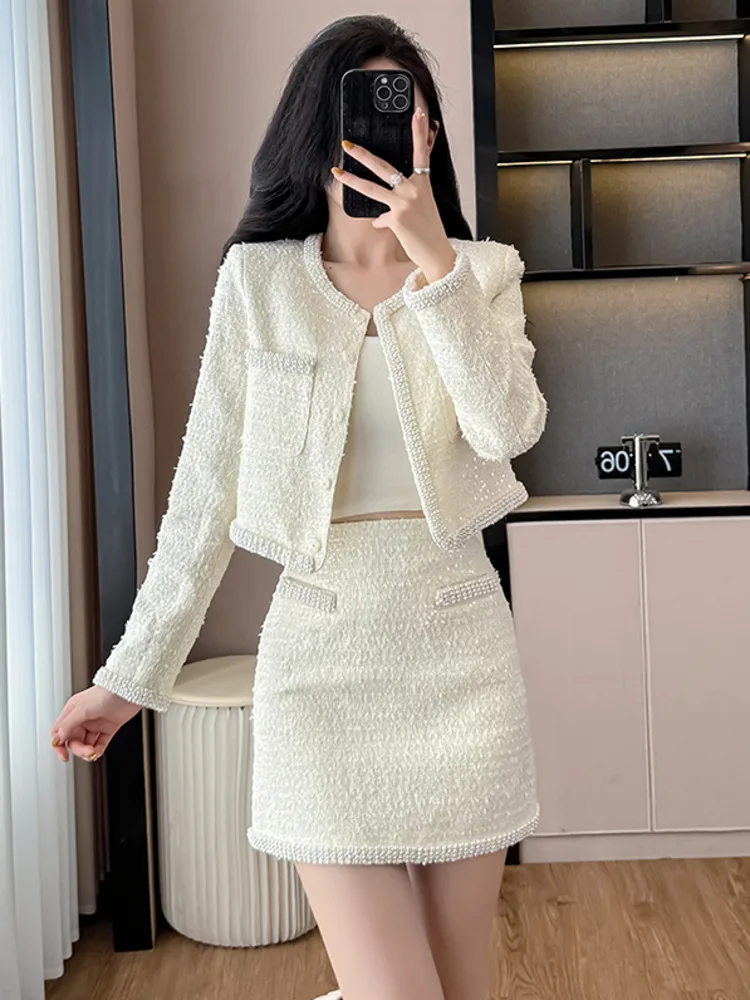 

High Quality Luxury Heavy Beading Tweed 2 Piece Sets For Women Fashion Jacket Coats + Short Skirt Suits Ladies Ensemble Femmes