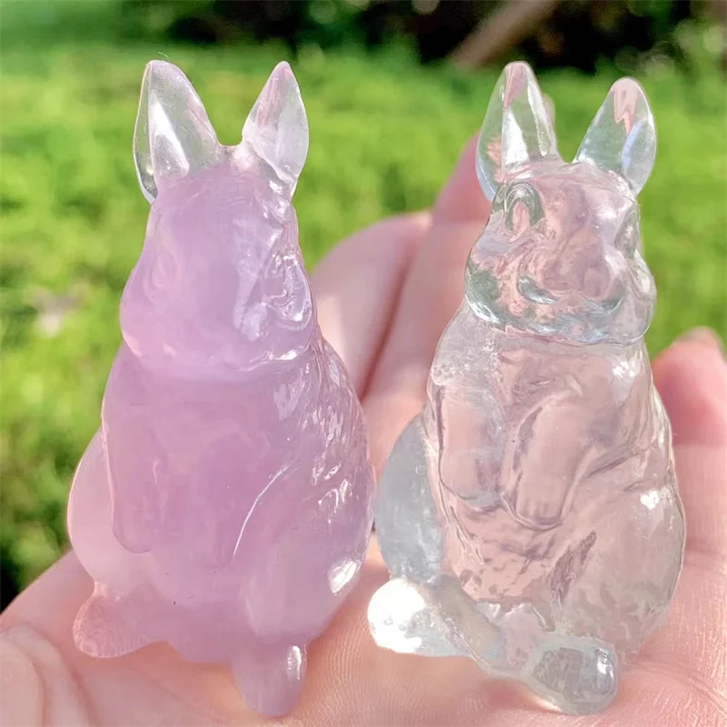 Natural Macaron Fluorite Rabbit Gemstone Room Decoration Healing Crystal Animal Figurine Reiki Carved Stones Gift 1PCS 5CM