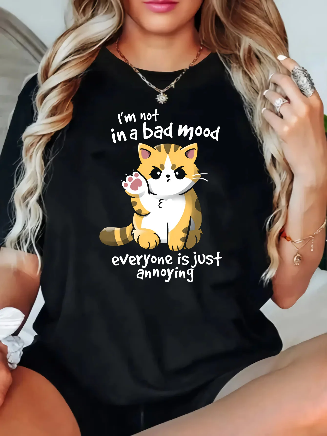 

Women's Casual Cat Print T-Shirt - "I'm Not in A Bad Mood" Humorous Graphic Tee with Slight Stretch Sleeve Round Neck Summer Top