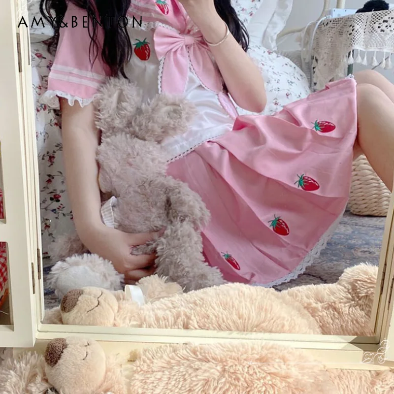 

Japanese Original JK Uniform Lolita Sailor Outfits Pink Cartoon Pattern Short Sleeves Grid Pocket Top Skirt Lace Trim Suit Women