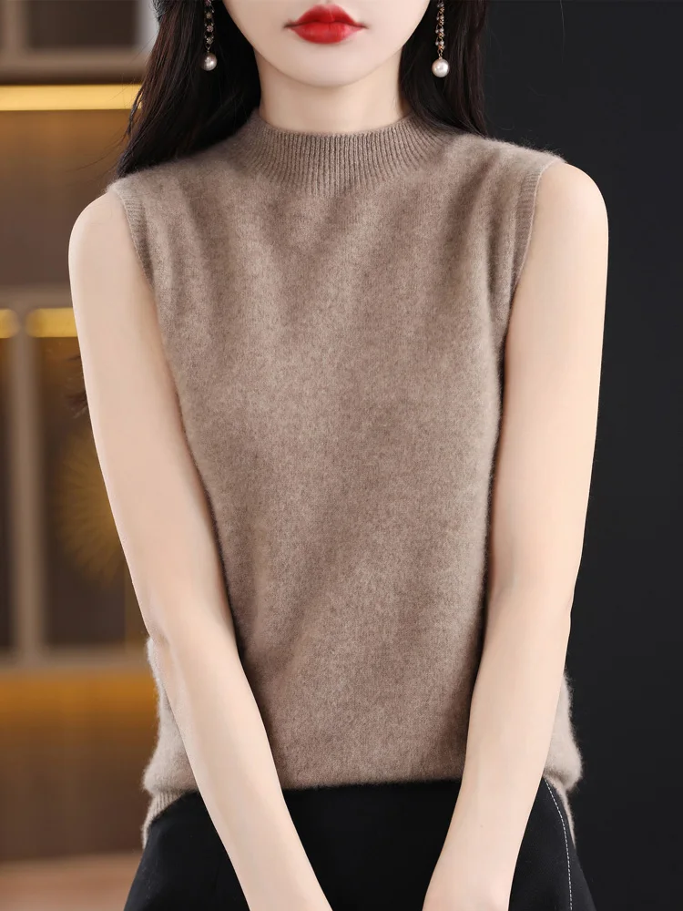 100% Zuivere Wollen Trui Gebreid Pullover Vest Dames Mock Neck Soild Mouwloos Los Basic Veelzijdig Vest Herfst Winter