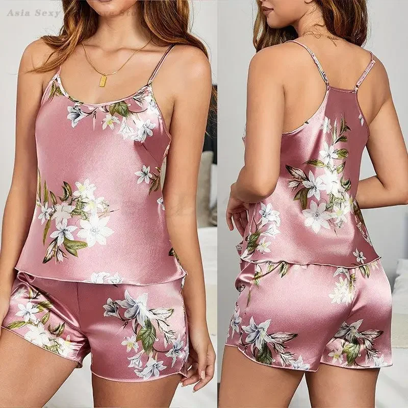 

Женский пижамный комплект, новая летняя майка и шорты, одежда для сна, интимное белье на бретельках, домашняя одежда, сексуальная ночная рубашка с цветочным принтом, атласная домашняя одежда