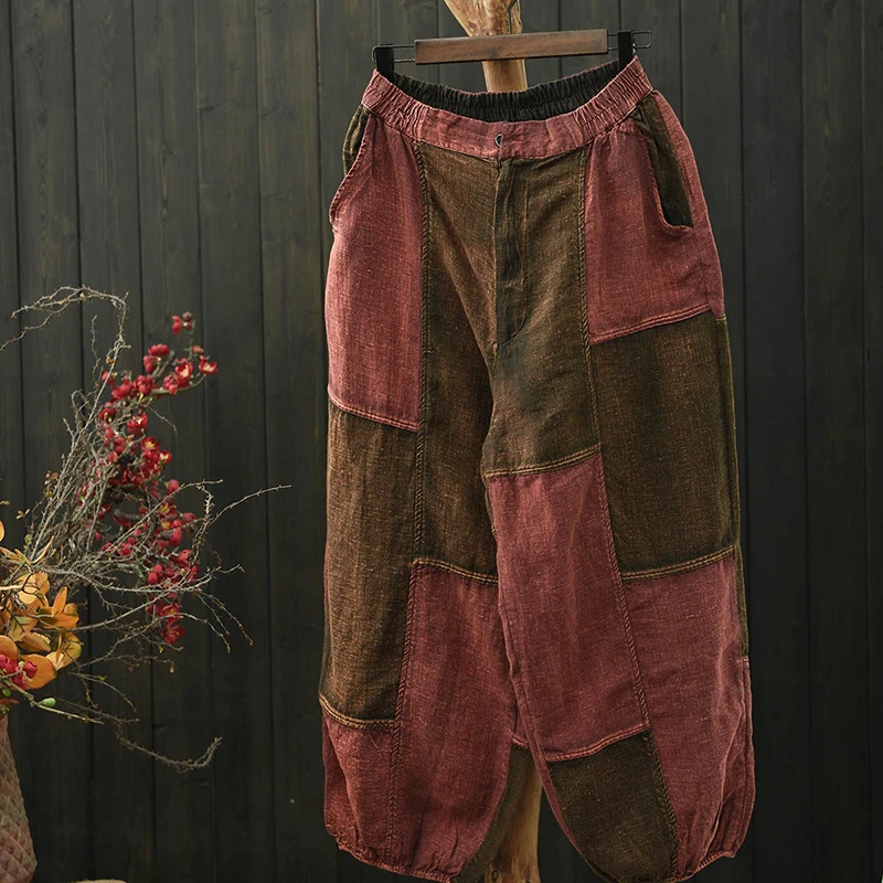 

Льняные женские повседневные брюки-шаровары, новинка 2025 года, весенние, винтажный стиль, лоскутные, цветные, свободные, женские брюки до щиколотки M2243
