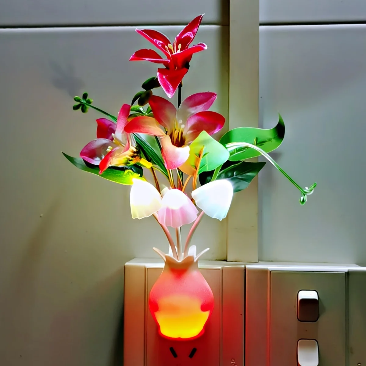 A Brand New European Standard LED Intelligent Light Sensing Night Light, with a Seven Color Vase, Lily, and Three Color Mushroom