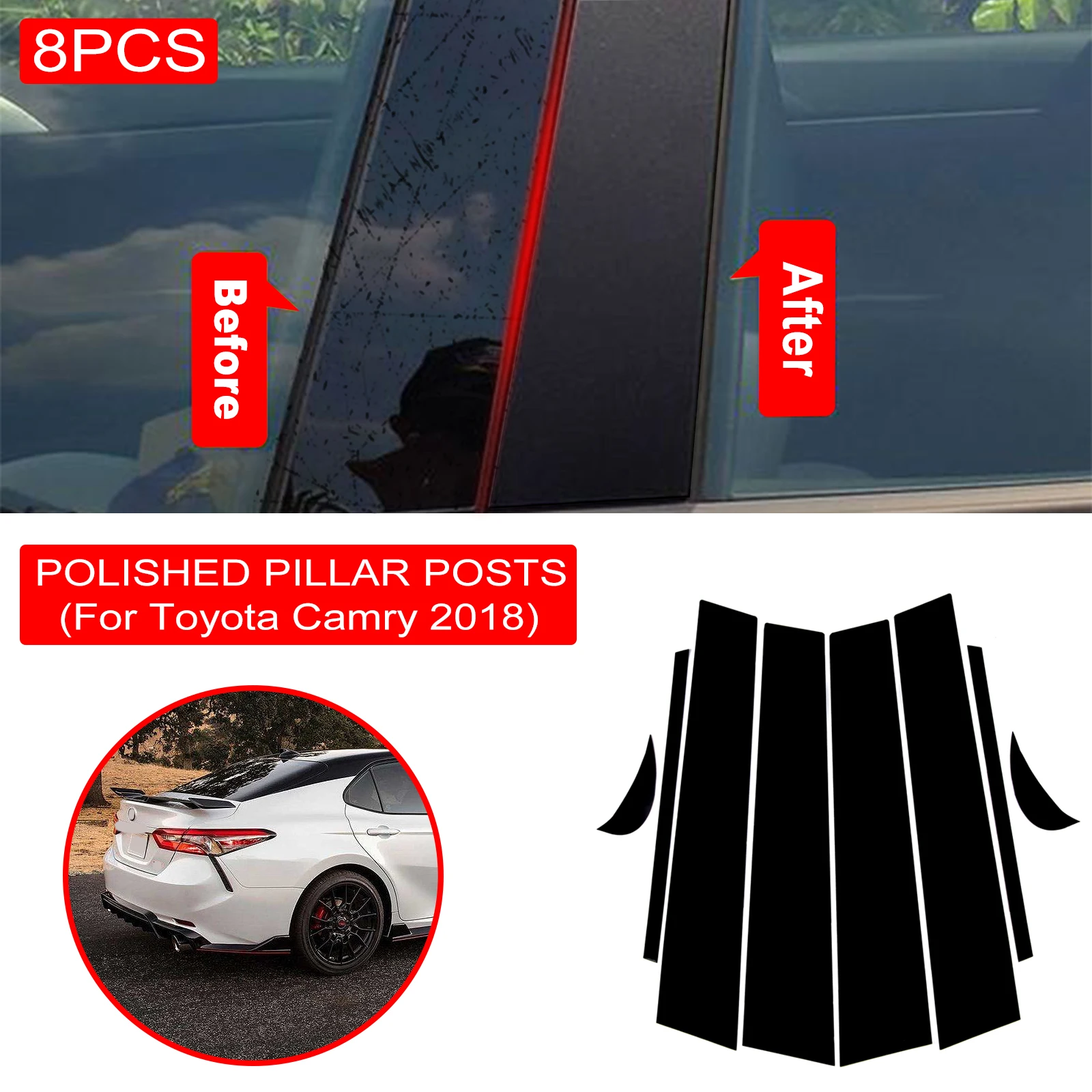 8PCS BC Pillar Cover Door Car Window Black Trim Strips PVC Practical Easy To Install For Toyota Camry 2018