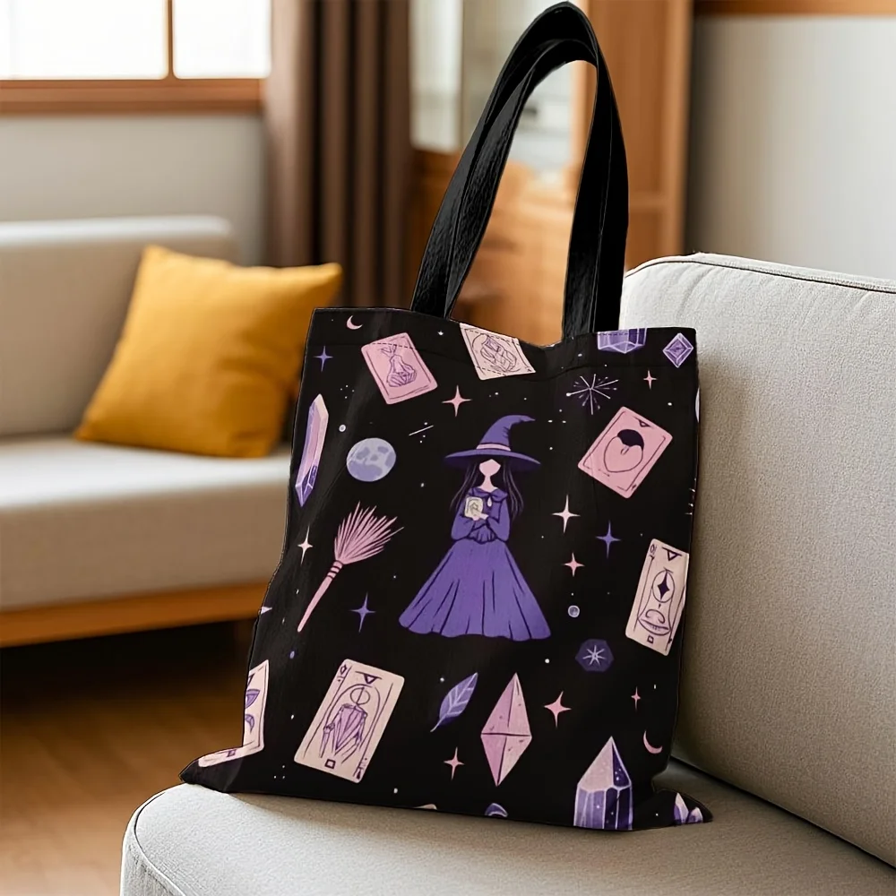 1 Stück Hexe Tarot Astrologie Sterne Druck Einkaufstasche Halloween Wiederverwendbare Einkaufstasche Lila Hexenhut & Zaubersprüche Halloween Dekorationen