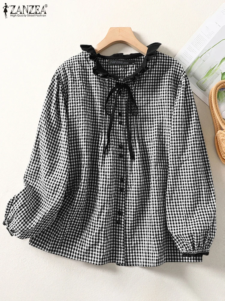 Vintage Long Sleeve Checked Shirts ZANZEA Autumn Spring Women Blouses Elegant OL Work Tops  Casual Buttons Down Blusas Oversize