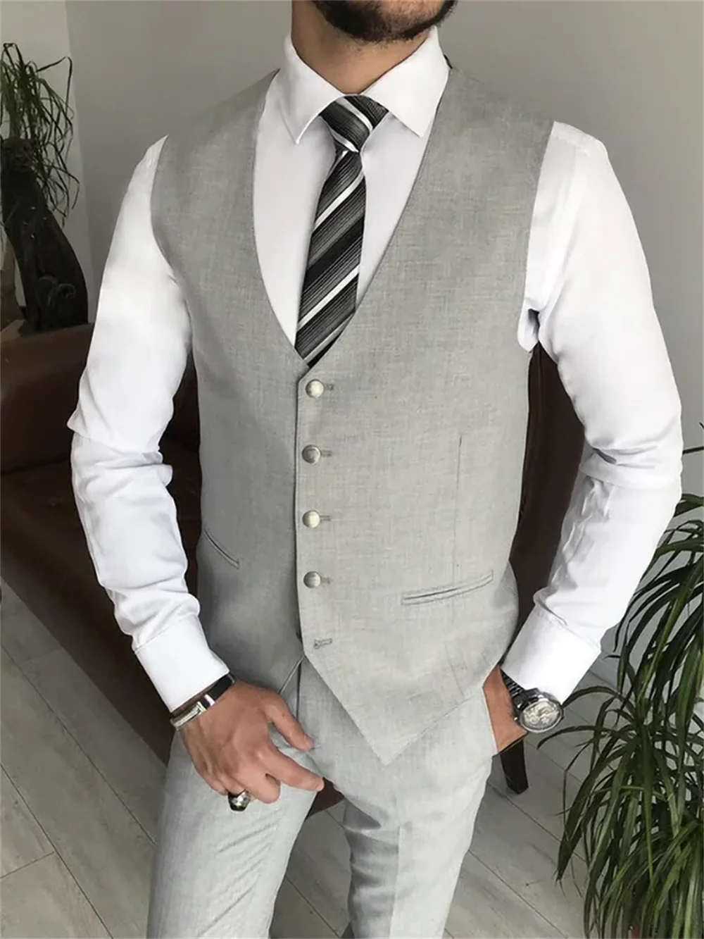 3 Piece Light Gray Notch Lapel Single Breasted Suits for Men Chic Formal Casual Business Wedding Tuxedo (Blazer+Vest+Pants)