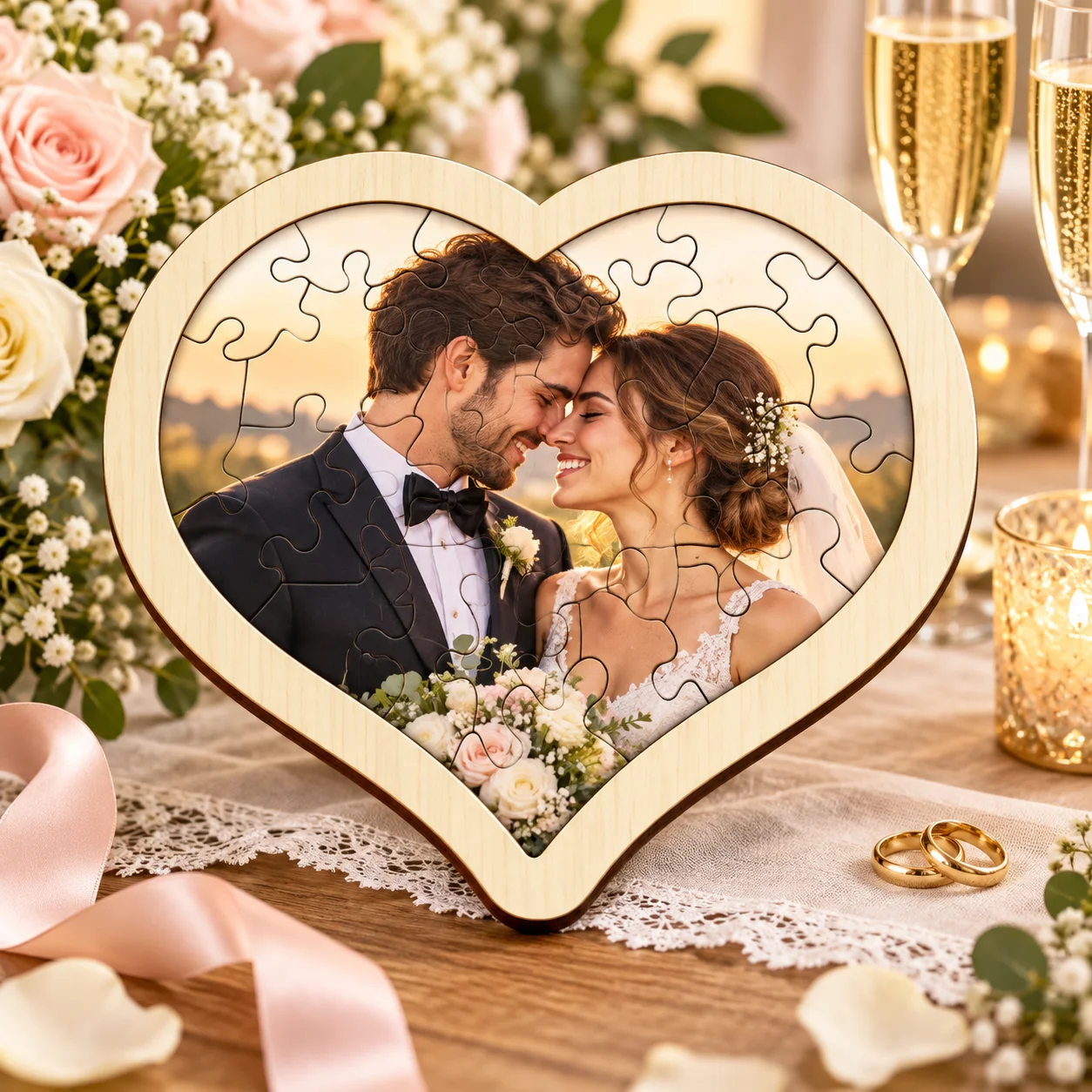Personalized Wooden Heart Puzzle, Custom Photo Pattern Logo, Unique Wooden Jigsaw Puzzle Gift for Couples, Family, Wedding, Anni