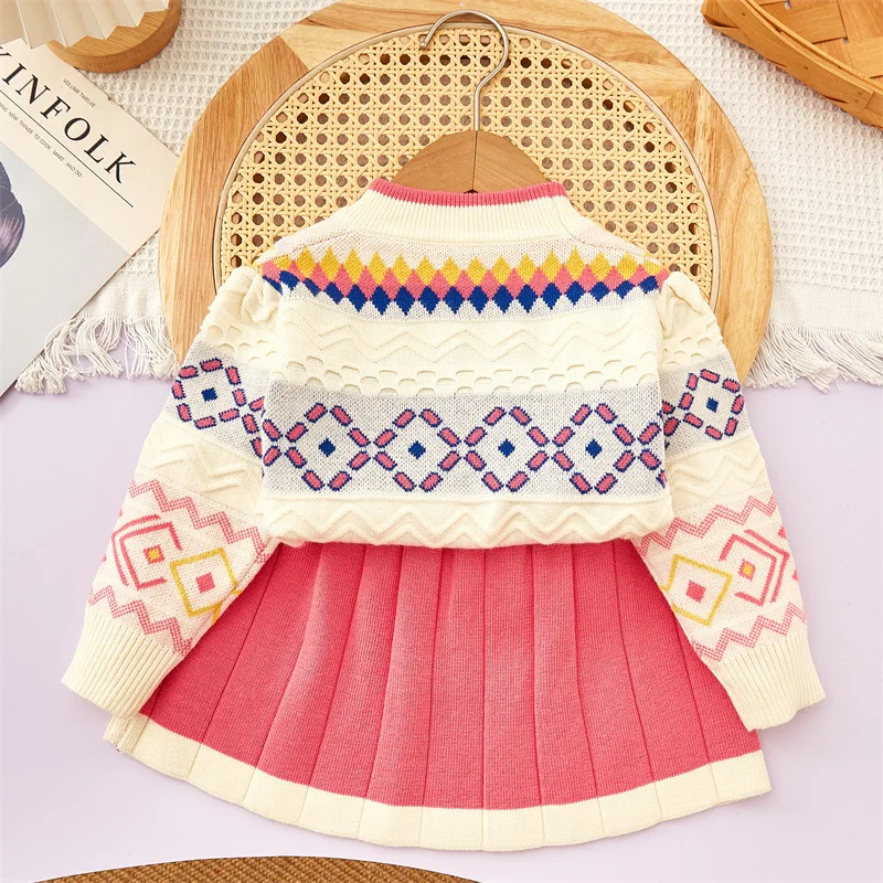 

Children's Outfit Skirt New Autumn Winter Girls Stylish Festive Baby New Year Outfit Knitted Sweater Skirt Two-Piece Set Trendy