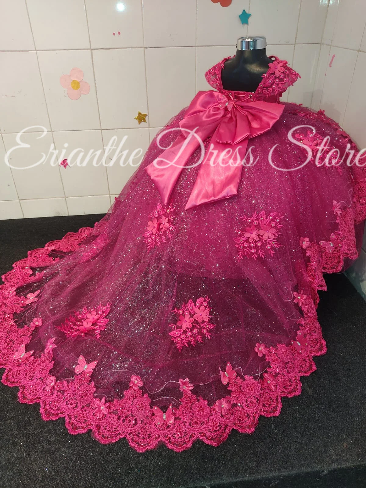

Pink Flower Girl Dress For Wedding Tulle Puffy Lace Applique Bow Kids Birthday Party First Communion Ball Gowns Customized