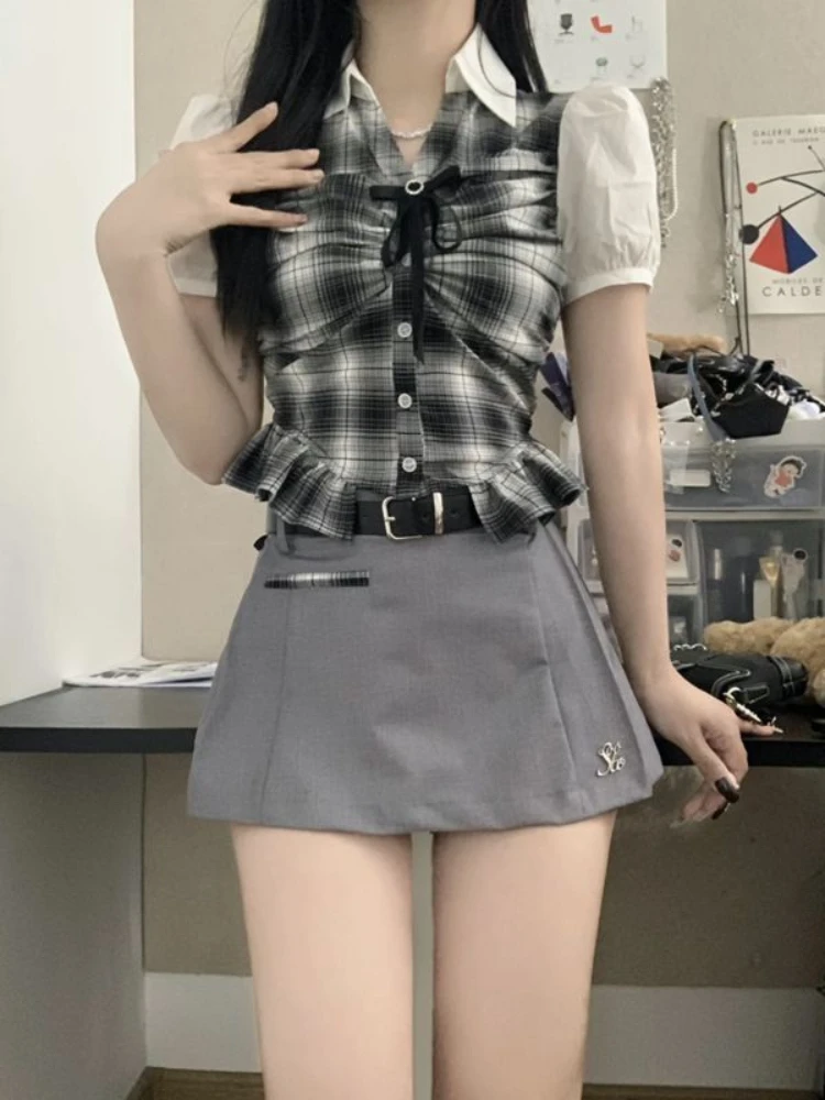 

Shirts Women Korean Summer Preppy Style College Girlish Fashion Short Sleeve Y2k High Street Slim All-match Plaid Blusas Casual