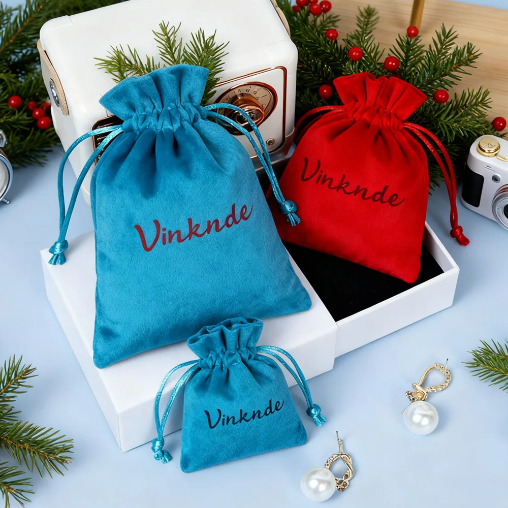 

50pcs 7x9cm Jewelry Packing Velvet Bag Soft Velvet Drawstring Bags & Pouches Wedding Christmas Gift Sack Customization Logo Name