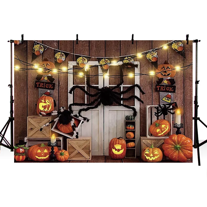 Mehofond Interior Trick Halloween Photography Backdrops Photo White Wooden Door Spider Pumpkin Lantern Background Photozone Prop