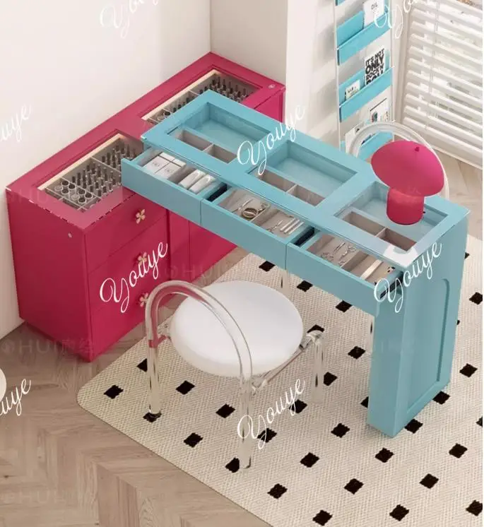 2-in-1-Kommode, Nagelkunst, Schminktisch, Schrank, Kommode, cremefarbener Wind, Schreibtisch, Aufbewahrungsschrank, Kombination in Kontrastfarbe