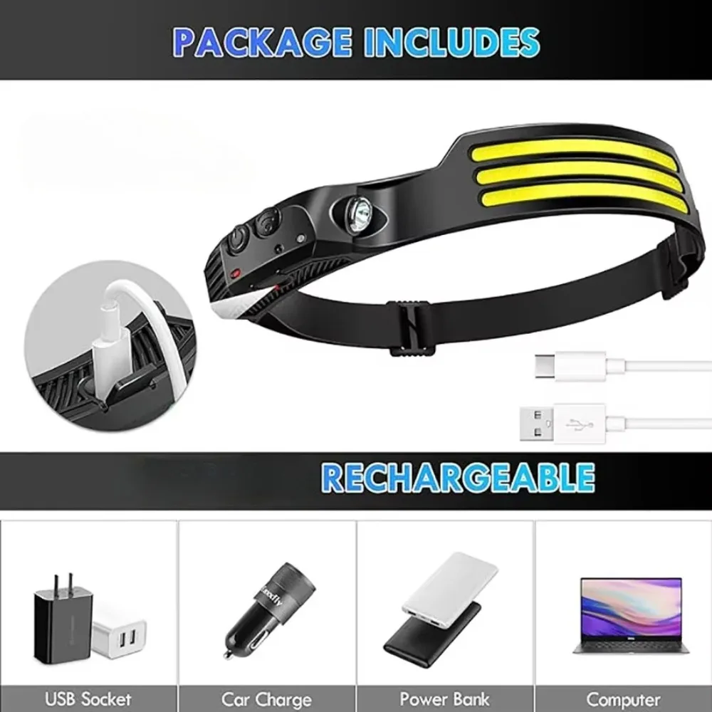 LED COB Sensor Headlamp USB Rechargeable Head Torch with Built-in Battery Outdoor Camping Fishing Headlight Emergency Lantern