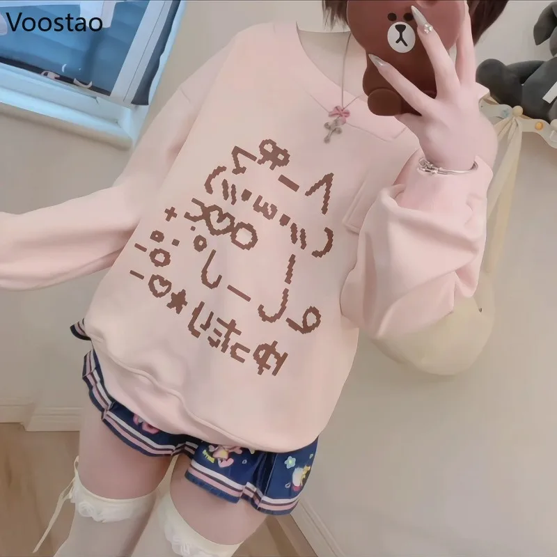 

Japanese Kawaii Lolita Style T-Shirts Women Sweet Bow Off Shoulder Long Sleeve Loose Tops Y2k Girls Cartoon Print Casual Tees
