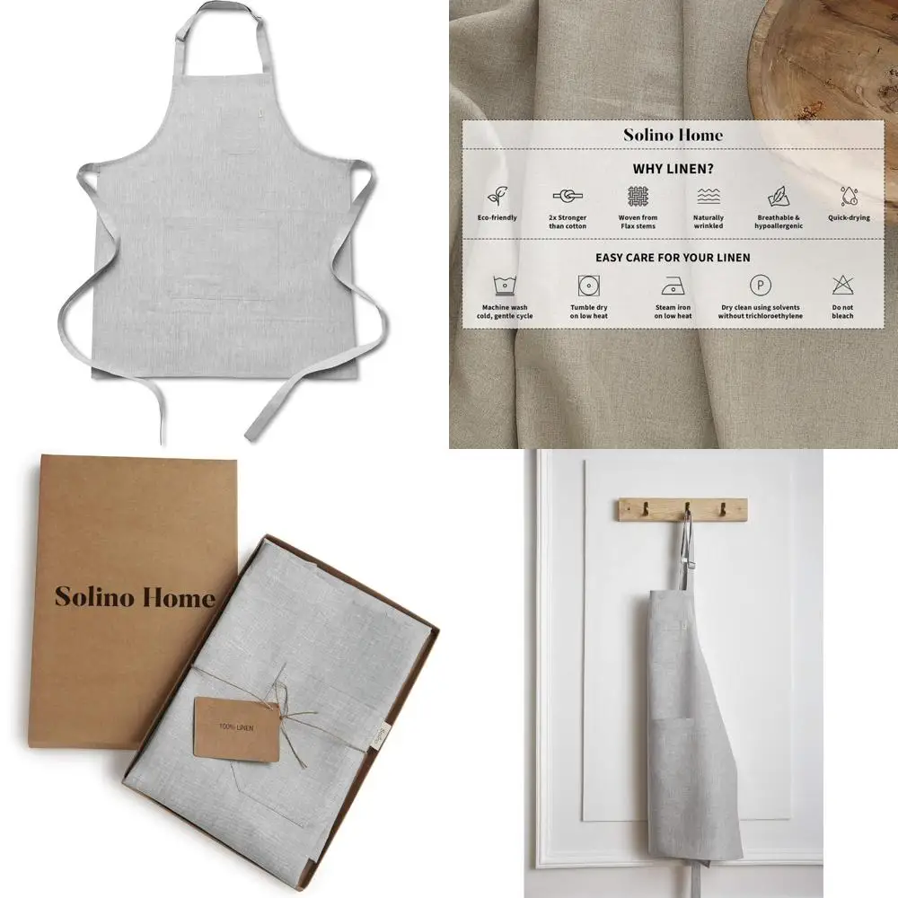 

100% Pure Linen Kitchen Apron - Light Grey with Front Pockets, Handcrafted European Style for Men & Women