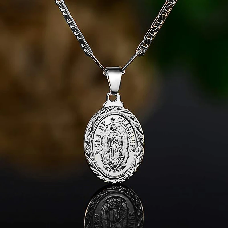 Huitan Catholic Virgin Mary Statue Pendant Necklace for Women Metal Gold Color/Silver Color Christian Necklace Statement Jewelry