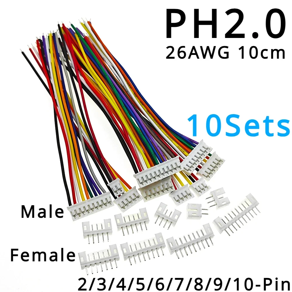 

10Sets PH2.0 Mini Micro JST 2.0 PH Male Female Connector 2/3/4/5/6/7/8/9/10-Pin Plug With Terminal Wires Cables 100MM 26AWG 10cm