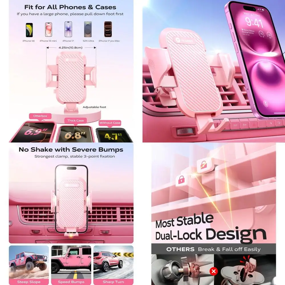 

Stable Pink Phone Holders for Cars, Compatible with iPhone 17 Pro Max, 16, 15, 14 - Easy Clamp Mount Accessories for Women