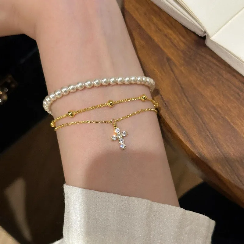 الصليب الصغير 2 طبقات سلسلة أساور امرأة فتاة بلينغ الزركون الماس خمر 18K الذهب معبأ الفضة موضة غرامة مجوهرات هدايا