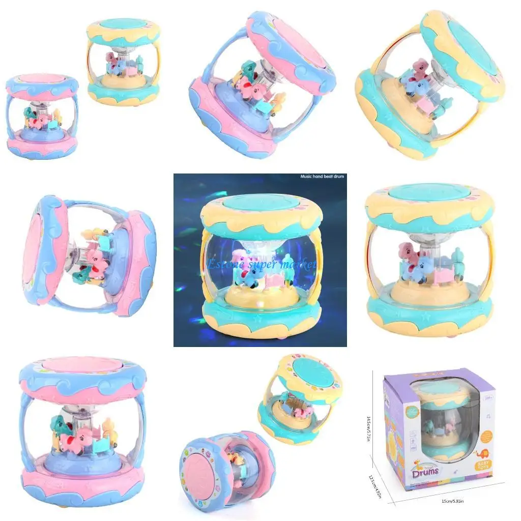 090B Brinquedo tambor mão formato giratório desenho animado com luzes coloridas Brinquedo apresentações música