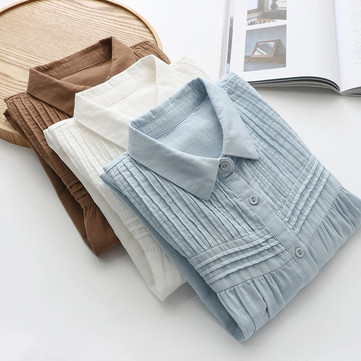 100% Cotton Yarn Blue Blouses for Women 2025 Mori Girls Japan Style Elegant Long Sleeve Pleated Solid Shirts Spring Top