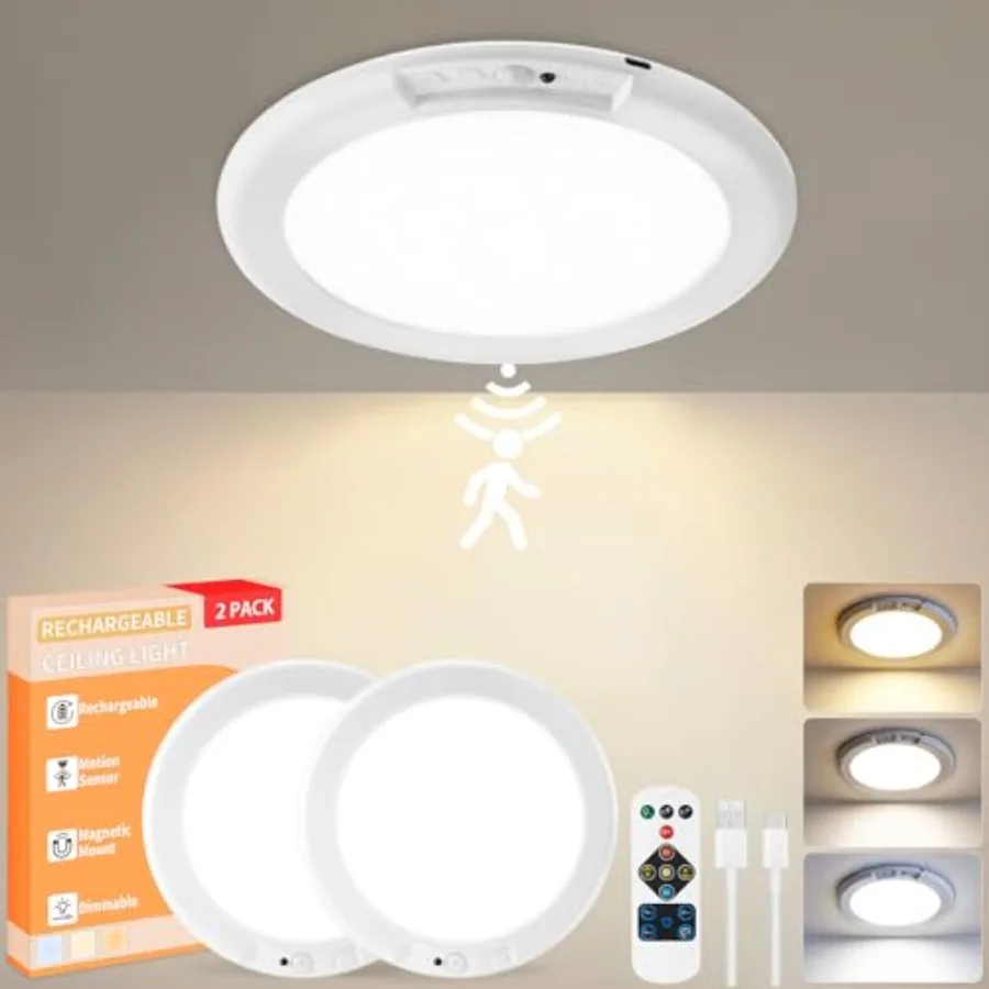 

Rechargeable Ceiling Light 2Pack 3 Color Magnetic Motion Sensor Lights with Remote Wireless Dimmable Closet Light Battery Opera
