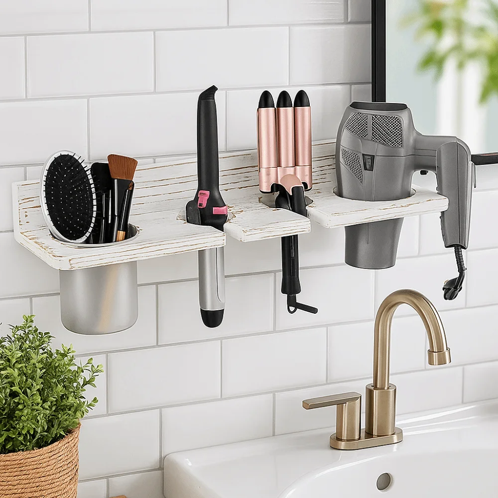 Wooden Hair Dryer Holder Wall-Mounted Stylish Hair Straightener Holder Space Saving Curling Iron Shelf Curling Irons view 2