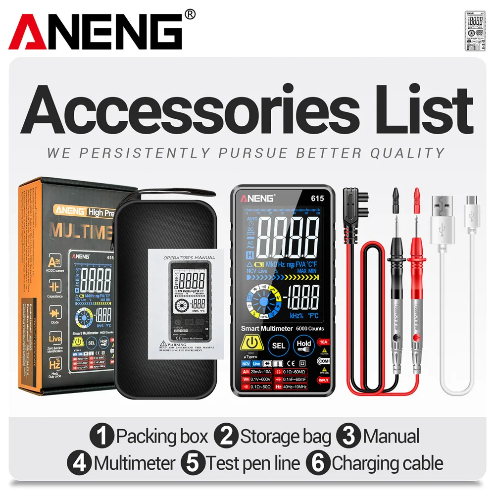 ANENG Multimeter 600V Smart Touch Multitester Diode Lithium Battery Charging Tester 6000 Counts AC/DC Voltage/Current Meters