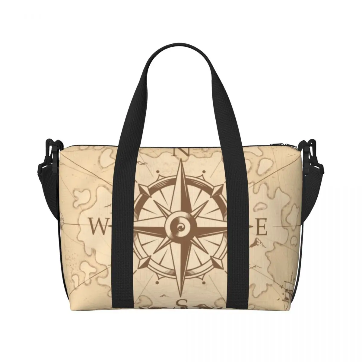 Custom Vintage Pirate's Map Beach Tote Bag for Women Nautical Compass Sailor Big Compartment Gym Beach Travel Bags