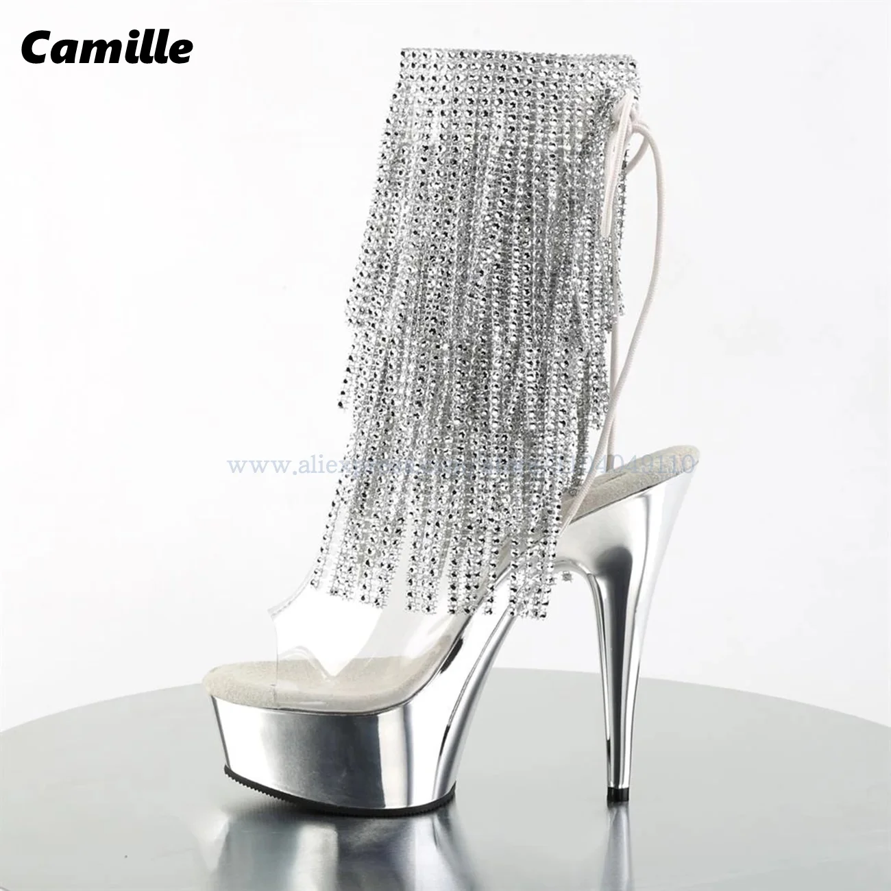 

Solid Rhinestone Tassels 15CM Heel Fish Mouth Sandal Boots Electroplating Waterproof Platform Sandals Luxury Party Dance Boots