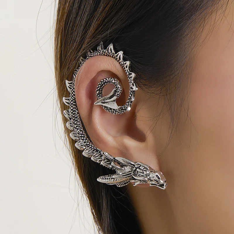 Retro Punk Dragon Right Ear Cuffs Earrings For Women Silver Color Vintage Gothic Ear Clips Earring Hip Hop Girls Jewelry