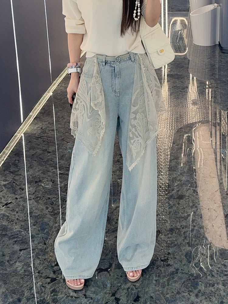 

Ruffle Hem Lace Denim Straight Leg Wide Leg Casual Pants High Waist Cotton Blend Summer Blue Casual Women's Jeans