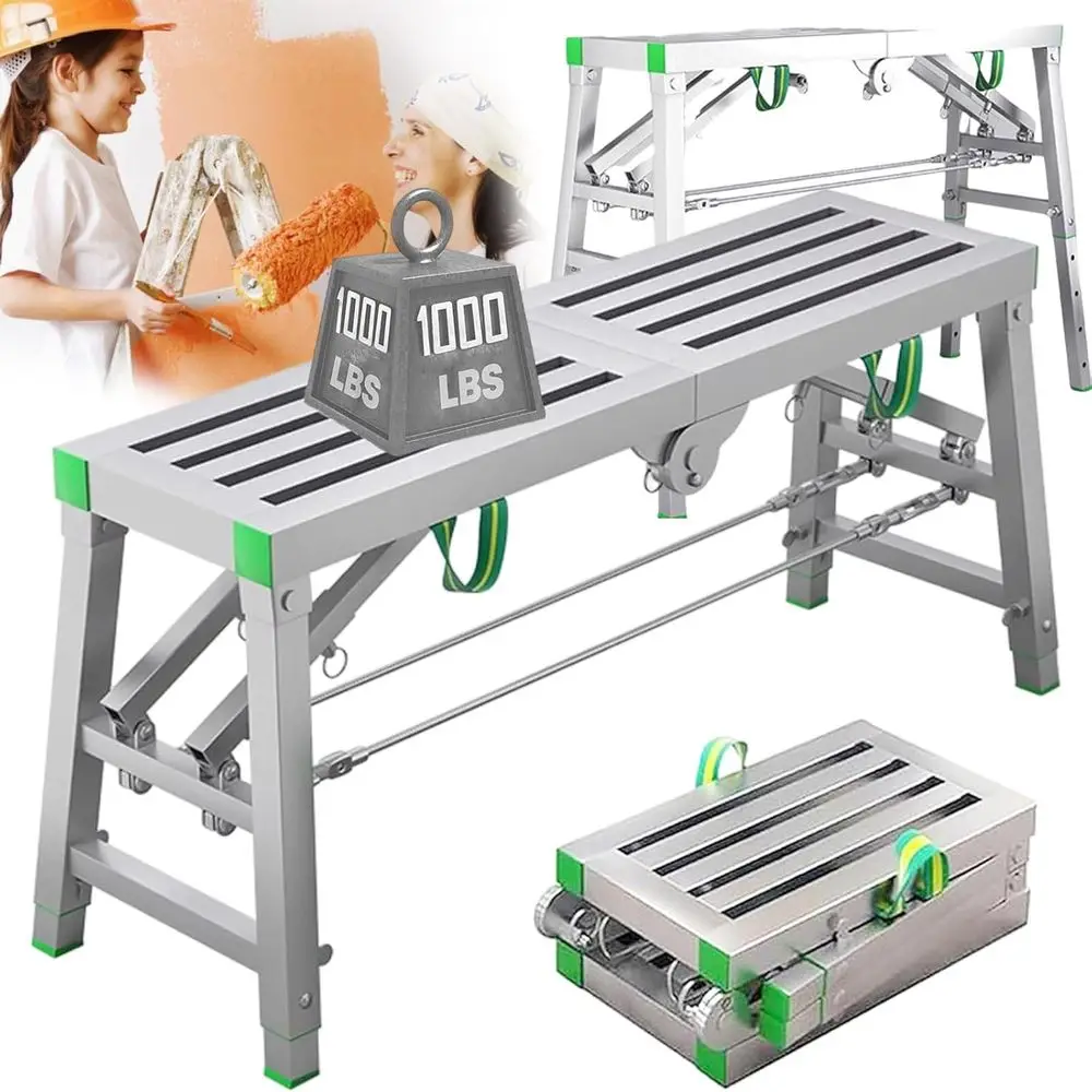 Adjustable 5-Gear Folding Scaffold Ladder, 140x30cm, 1100 lbs Load, Thick Steel Welded Work Bench
