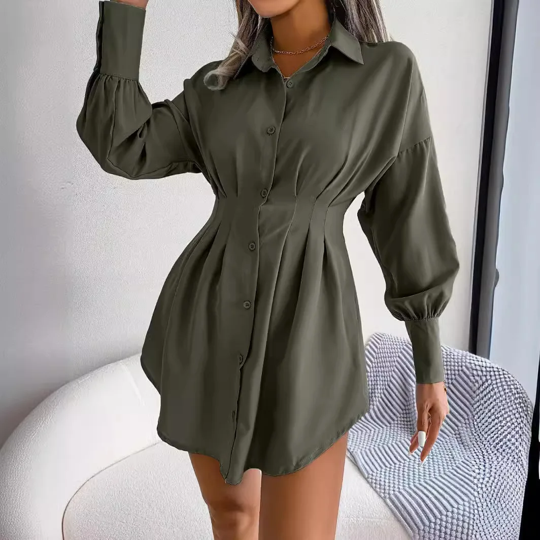 Abito camicia elegante casual a maniche lunghe per donna Vita stretta Slim Fit abbottonato Top solido Stile coreano Moda primavera autunno