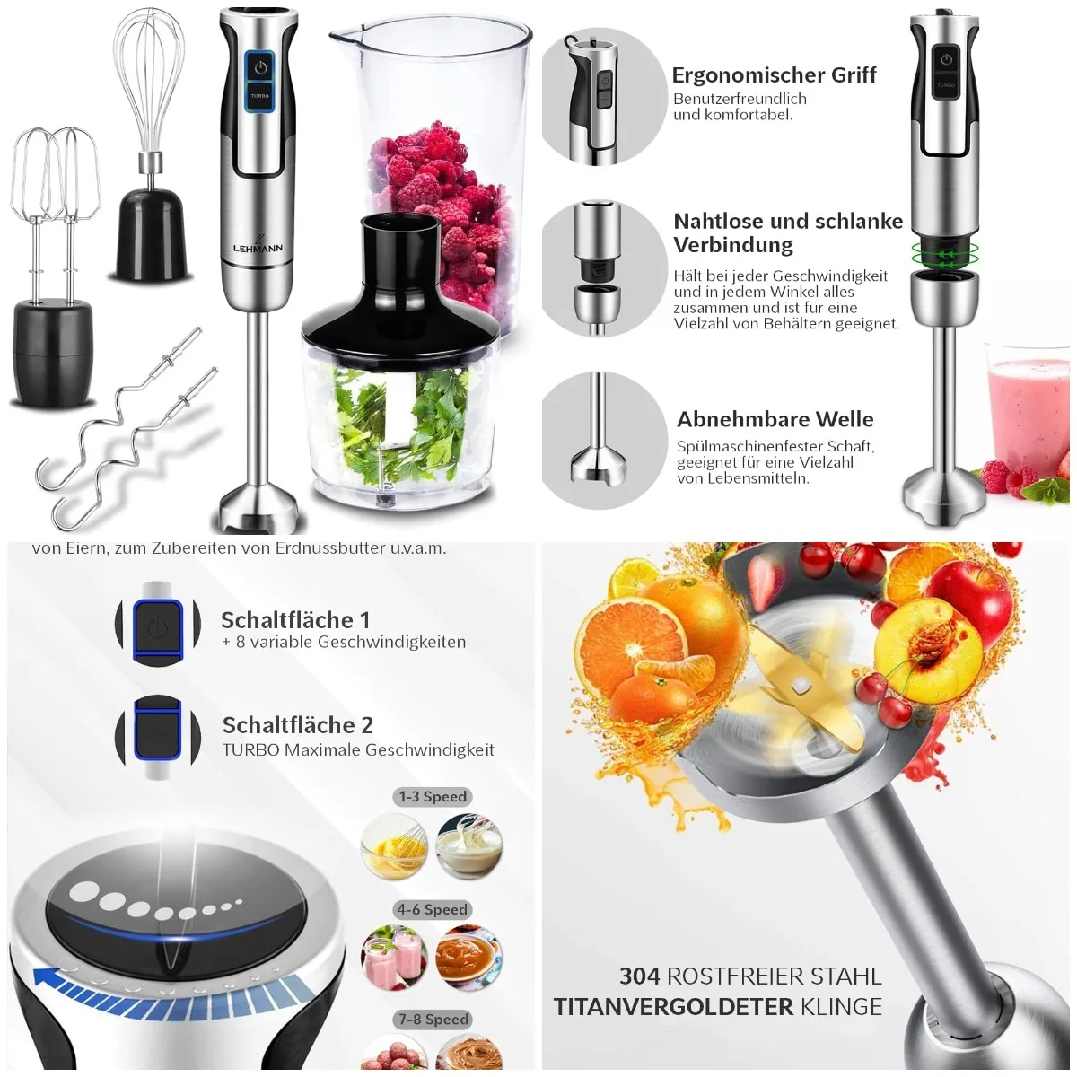 Chowmei Stabmixer 1200 W mit Turbo & Speed Regulation, 6 Stk. Zubehör