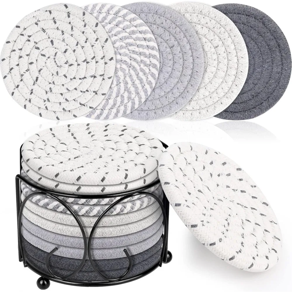

10 Pcs Absorbent Drinks Coasters with Holder, 5 Colors Coasters for Drinks Absorbent, Minimalist Cotton Woven Coaster