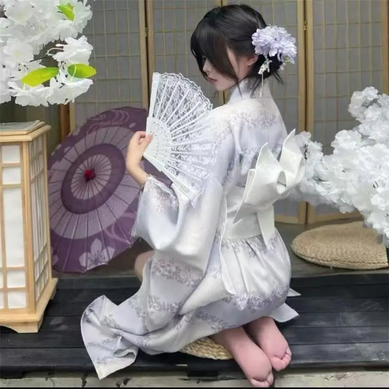 Elegant White Kimono for Women Traditional Japanese Dress Simple Printing Robe Obi 2Pieces Set Asian Style Costume Female Kimono