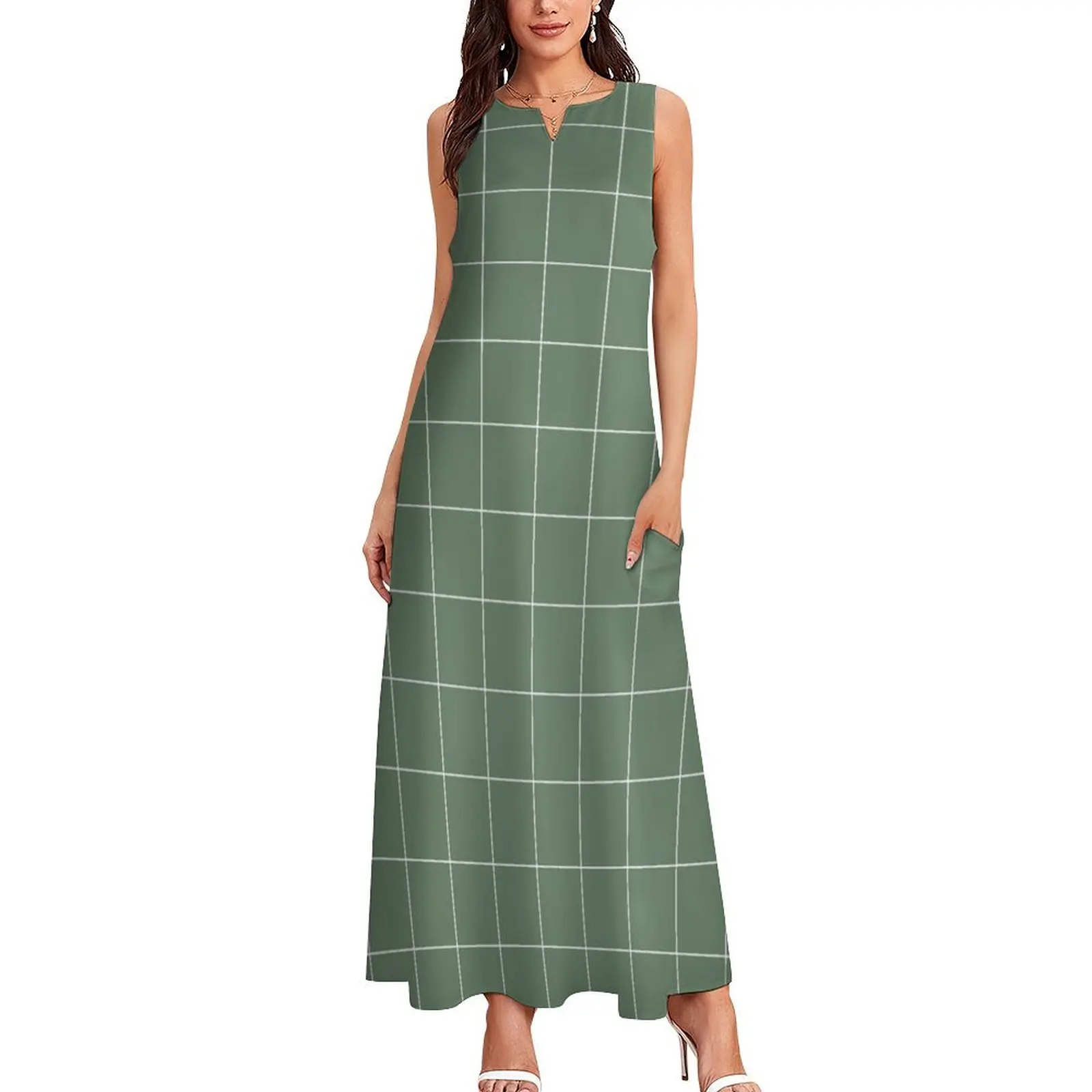 Windowpane Check Grid (white/sage green) Long Dress Elegant gown summer outfits for women 2025