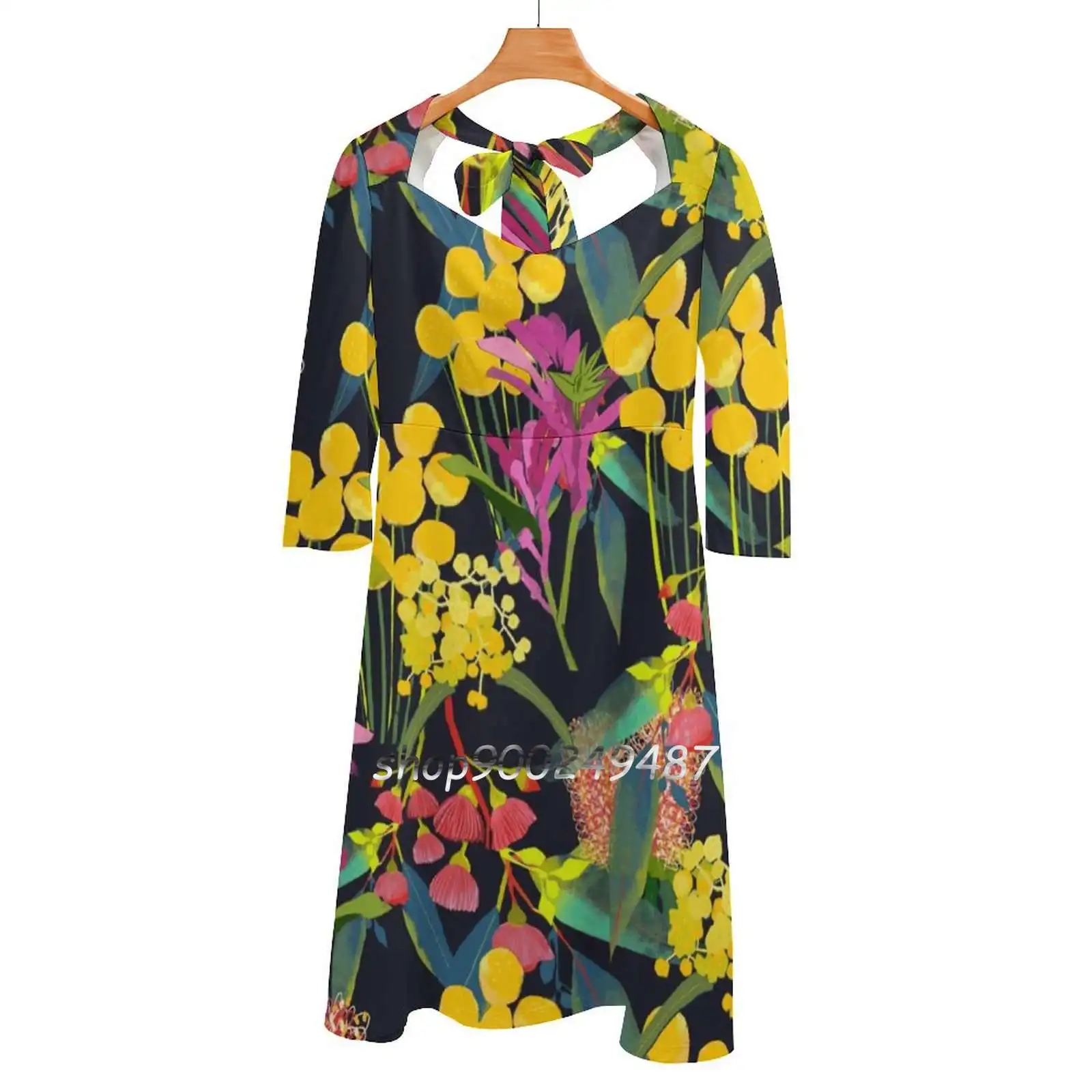 

Australian Wild Flowers Square Neck Dress New Plus Size Elegant Women Waist Tight Dress Orchids Wild Flowers Bright Colours