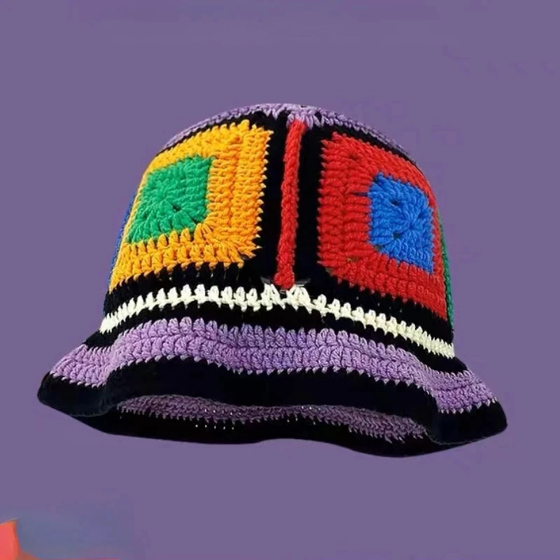 2024 Spring New Crochet Hat Korean Handmade Bucket Hat Women\'s Weaving Knitted Hat Y2k Fashion Flowers Autumn Winter Ins Beanies