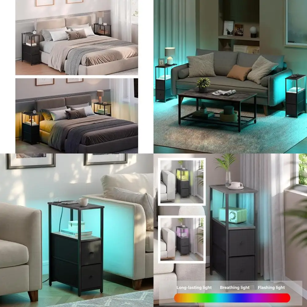 

Charcoal Grey Dual LED Nightstands with Charging Ports & 2 Drawers for Living Room & Bedroom TB01BY056
