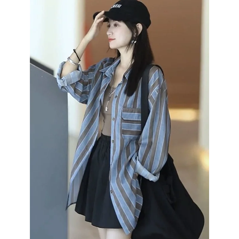 

Color Block Stripe Shirt Women Long Sleeve Polo Collar Casual Lightweight Sun Protection Top
