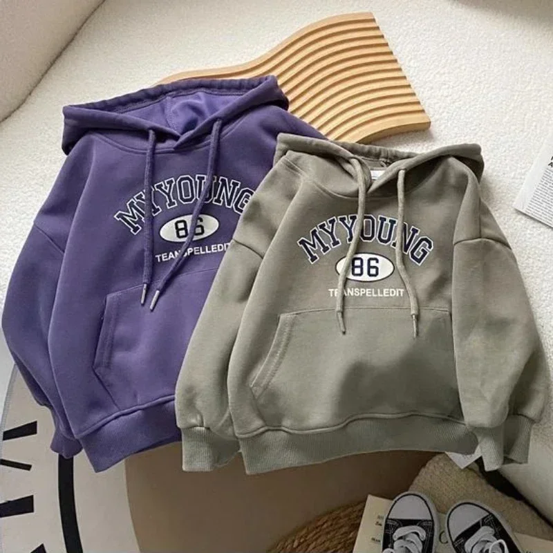 Autumn Kids Letter Hoodies Boys Long Sleeve Hooded Sweatshirts 2+y Young Children Casual Clothing Spring Thin Warm Girls Hoody