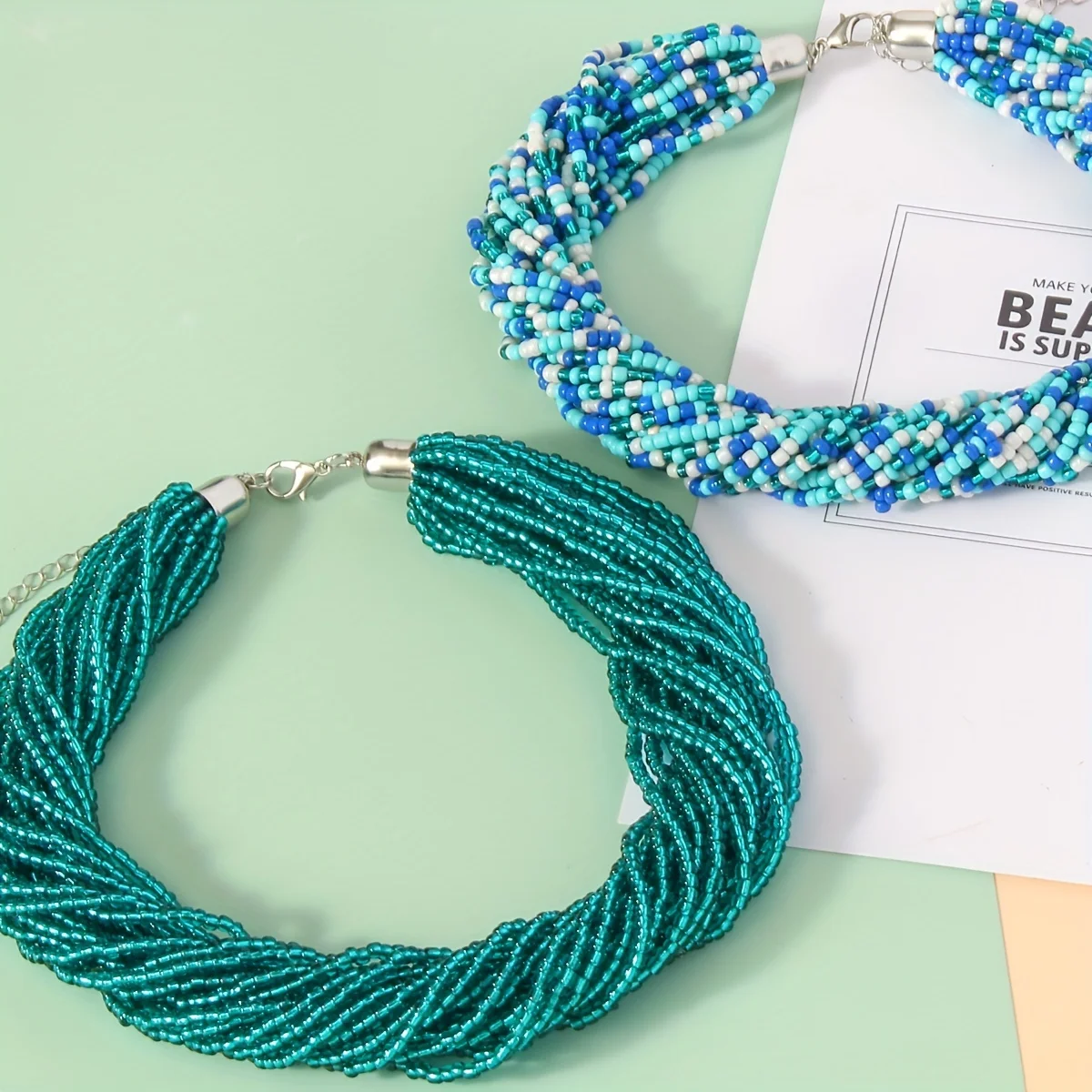 1pc Bohemian Green Blue Fashionable Elegant Simple Multi Layer Rice Bead Necklace Tie Neck Women\'s Neck Chain Clavicle Chain