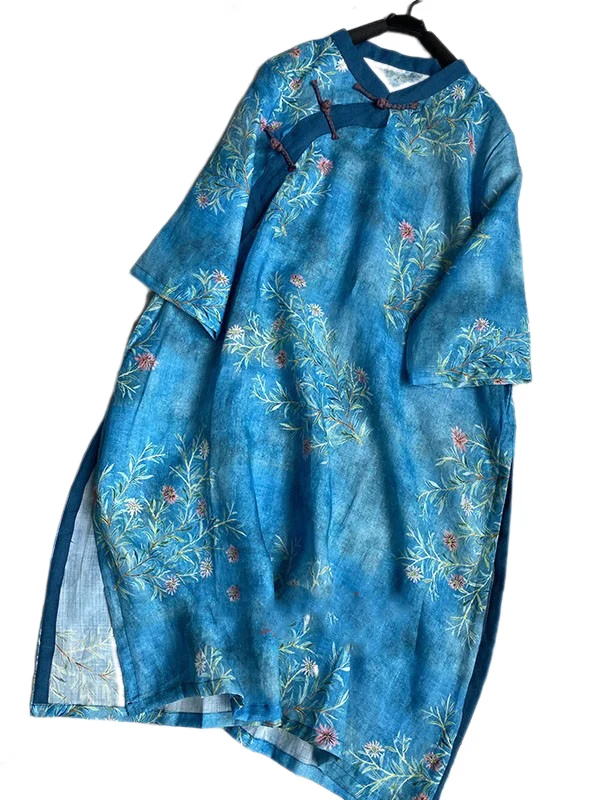 New Chinese Sle Retro Print Five-Quarter Sve irt Women's Summer National Sle Oblique Collar Buttoned Zen Tea Clothing