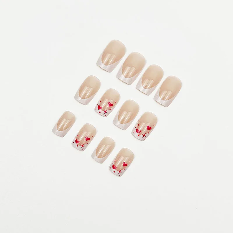 الأبيض الفرنسية الأظافر وهمية عارية اللون قصيرة مربع الصحافة على مسمار الأحمر الحب القلب/نجمة/نقطة مطبوعة النساء عيد الحب DIY بها بنفسك مانيكير